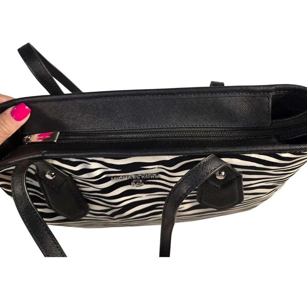 Michael Kors Zebra Print Tote Bag Black White Saffiano Leather Trim Shoulder Bag